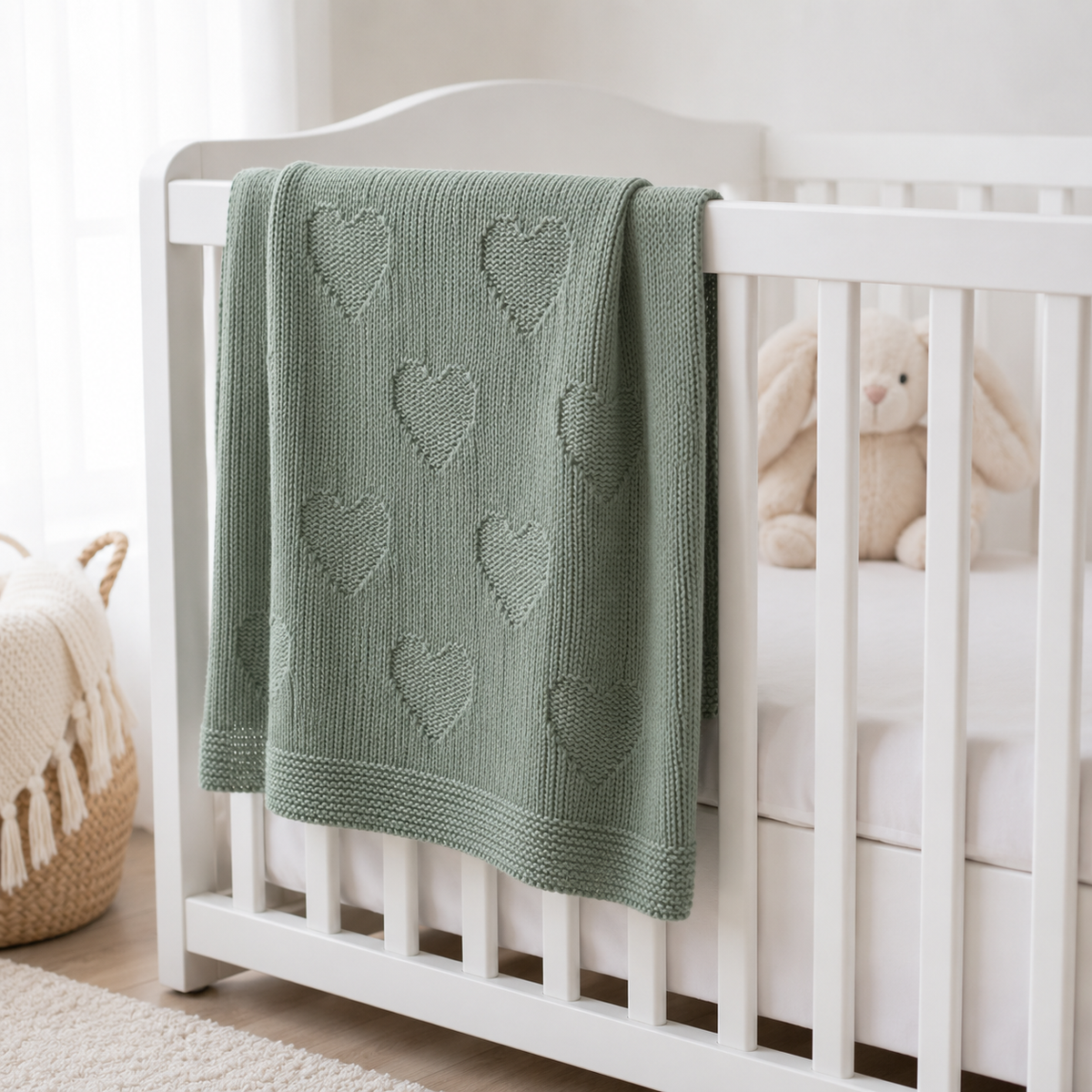 Coperta con cuori in maglia verde salvia, con trama lavorata e motivi a cuore in rilievo